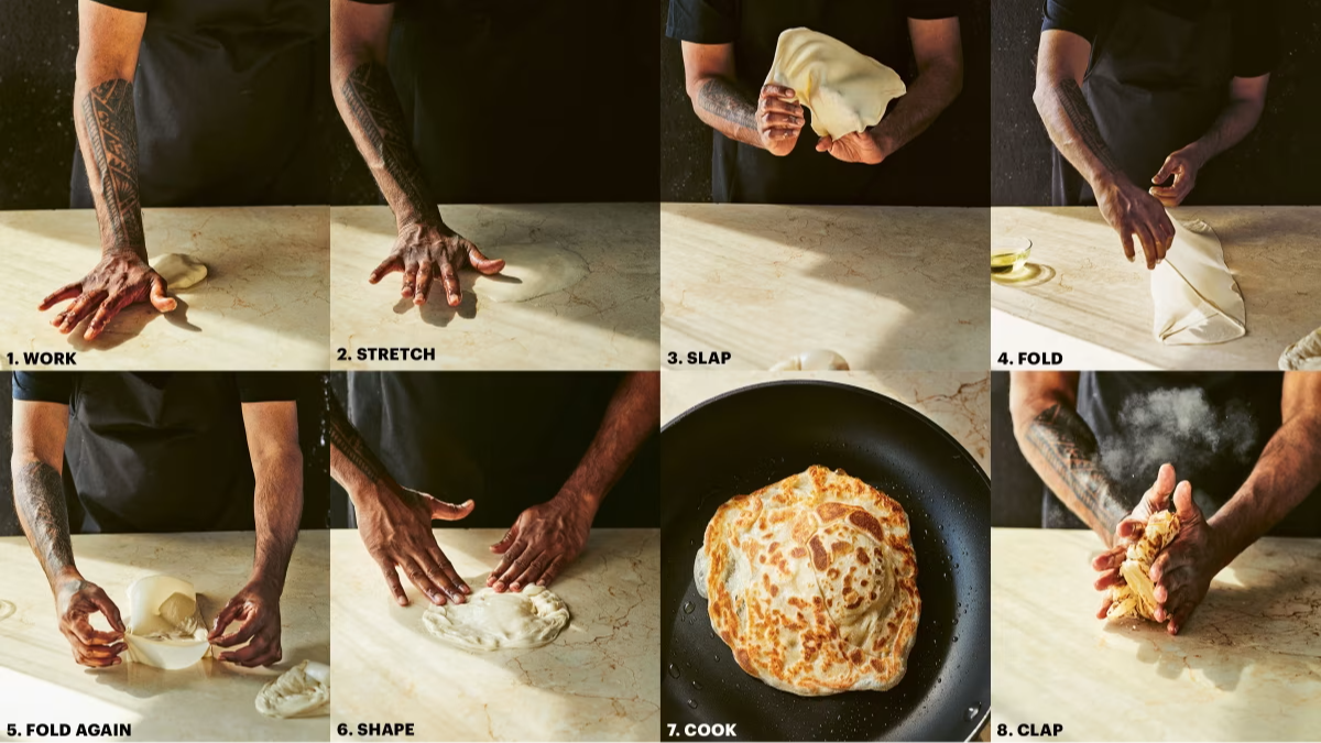 Sugen Gopal demonstrates how to flip roti in his book Roti King