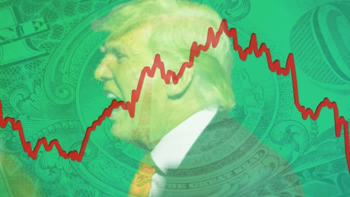 Montage image of Donald Trump, overlaid with cash in dollars and a red line chart
