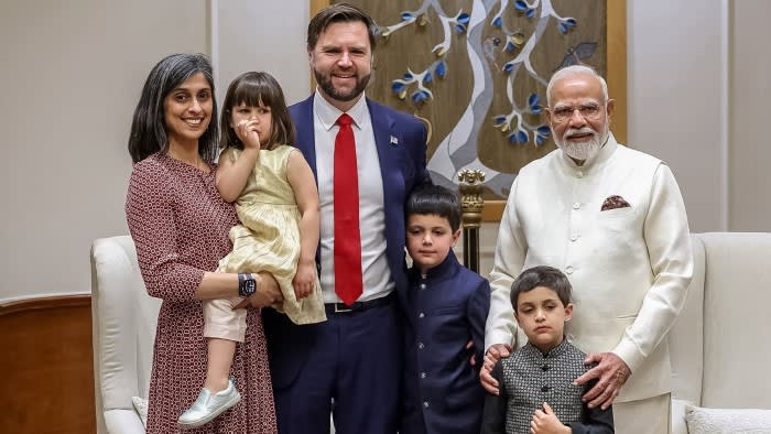 India’s Prime Minister Narendra Modi poses for a photograph with US Vice President JD Vance and his family