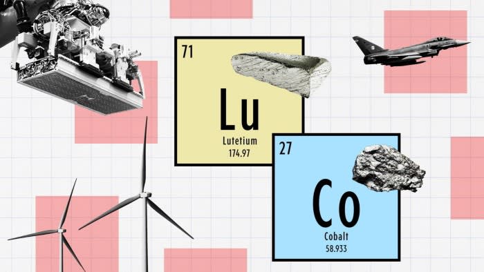 Montage of rare earths, an aeroplane, windmills and mechanical equipment