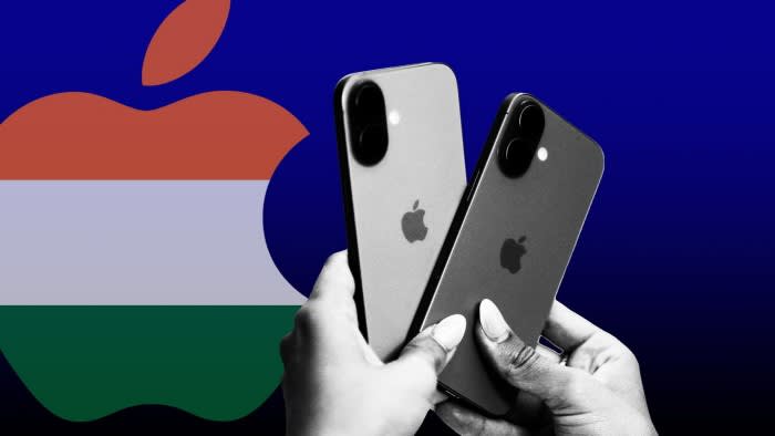Apple logo with India flag detail, person holding two iPhone 16s