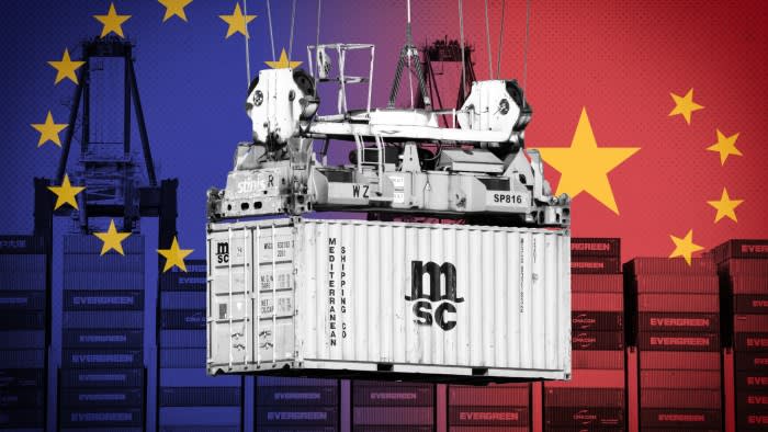A montage of a shipping container being lifted by a crane in a port setting with the background split between the European Union flag on the left and the Chinese flag on the right