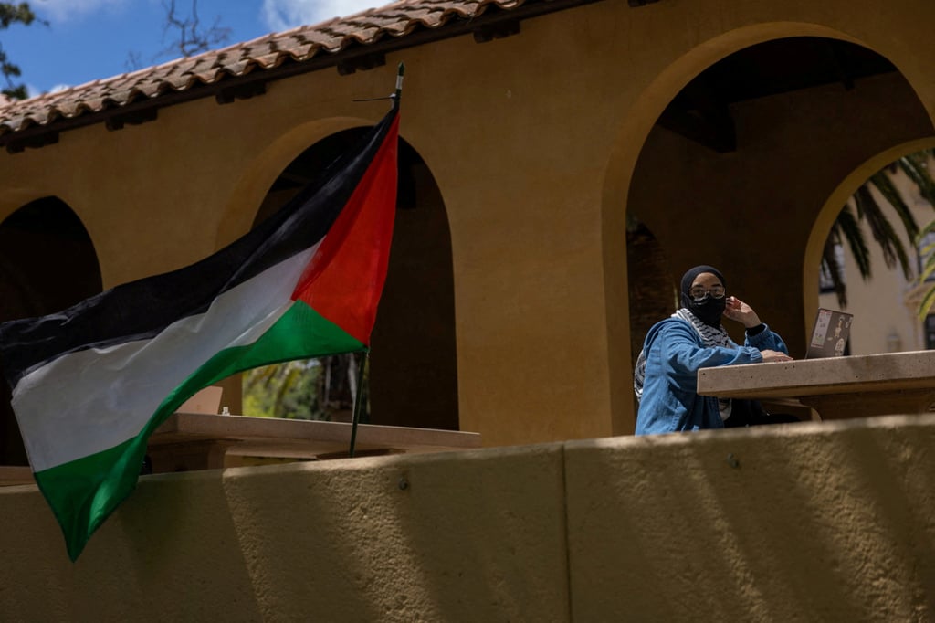 A student sits at a protest encampment in support of Palestinians at Stanford University in Palo Alto, California, during the armed conflict between Israel and Hamas on April 26, 2024. Photo: Reuters A student sits at a protest encampment in support of Palestinians at Stanford University in Palo Alto, California, during the armed conflict between Israel and Hamas on April 26, 2024. Photo: Reuters