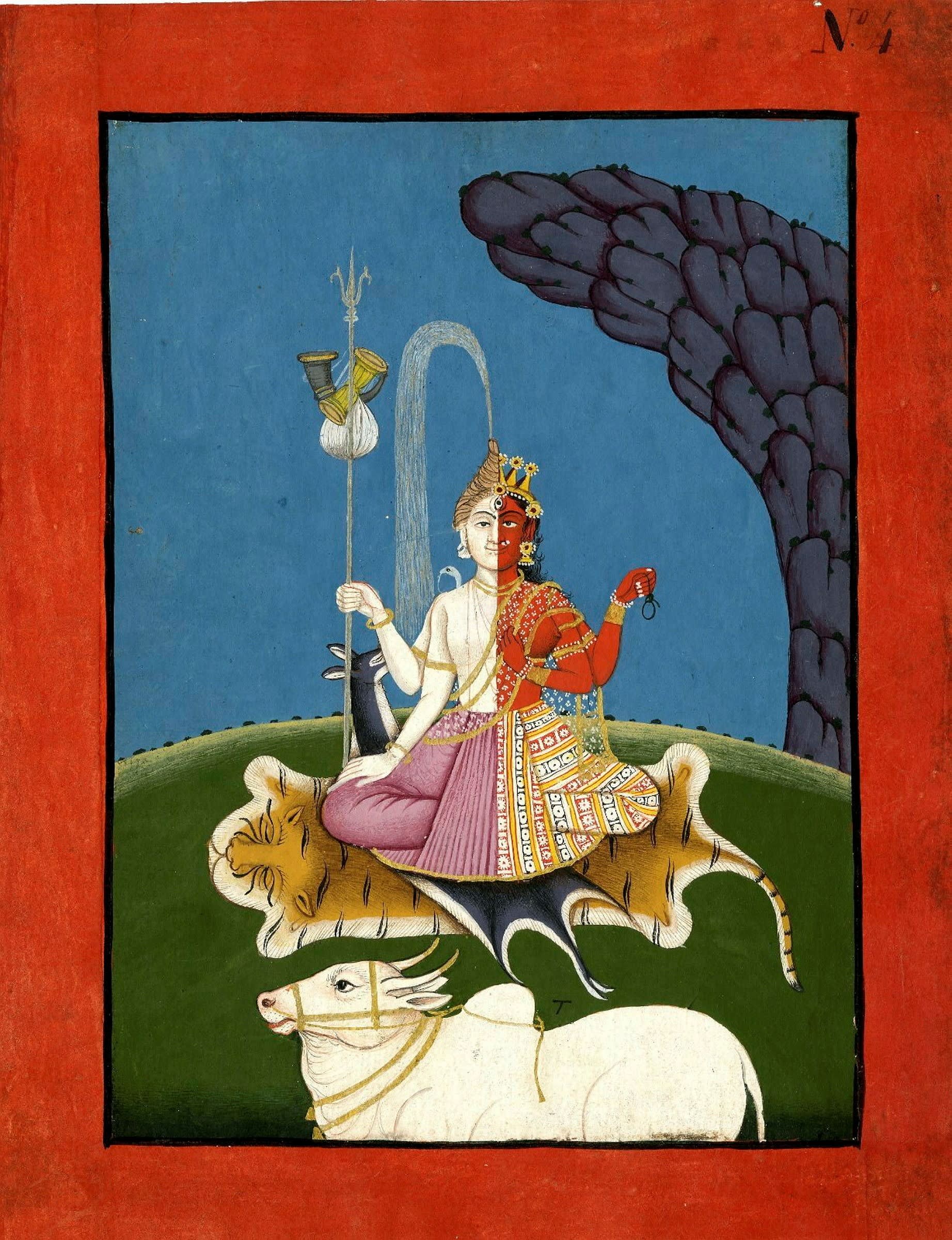 An illustration of a half man (with a trident in his hand), half woman deity sitting on a lion skin on the grass, under a large rock. Nandi, a white bull, is in the foreground