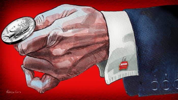 James Ferguson illustration of a hand, wearing a Maga cufflink, about to flip a silver dollar