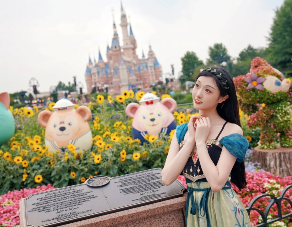 A Disney fan wearing Hanfu dress poses for photos in Shanghai Disneyland on May 26, 2023. Photo: Xiaohongshu