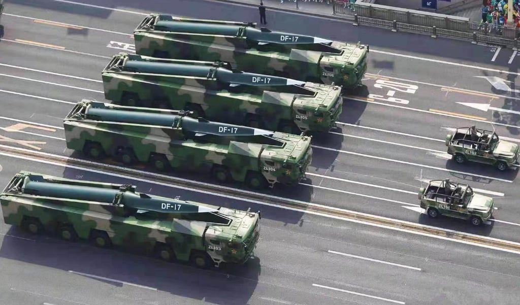 Chinese military vehicles carrying DF-17 roll during a parade to commemorate the 70th anniversary of the founding of Communist China in Beijing in 2019. Photo: Handout Chinese military vehicles carrying DF-17 roll during a parade to commemorate the 70th anniversary of the founding of Communist China in Beijing in 2019. Photo: Handout