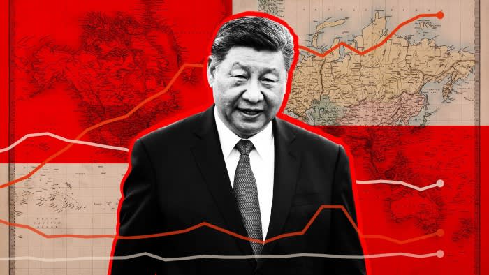 Montage image of Xi Jinping, a world map and a line chart