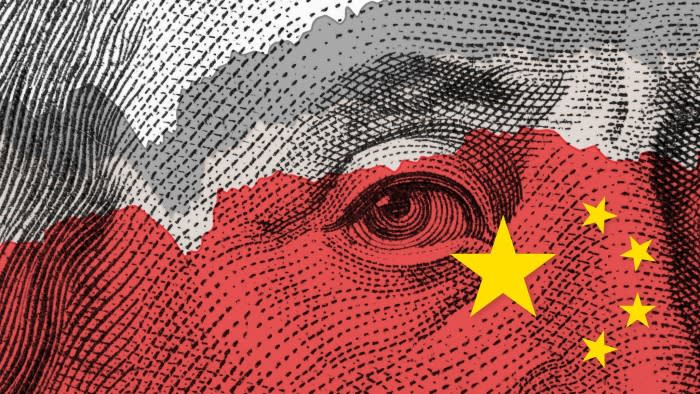 Montage image of a close-up of Benjamin Franklin on the $100 bill and the Chinese flag