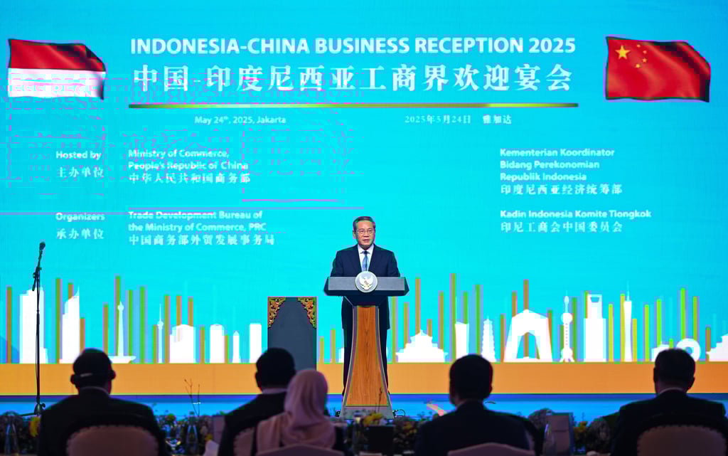 Chinese Premier Li Qiang addresses the Indonesia-China Business Reception 2025 in Jakarta, Indonesia, on Saturday. Photo: Xinhua