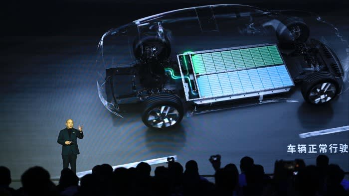 Chinese battery manufacturer CATL’s domestic car business chief technology officer Gao Huang speaks at CATL Tech Day