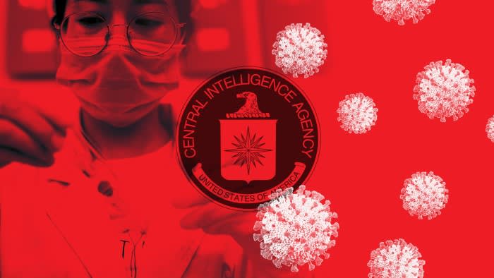 A red-tinted collage featuring a masked scientist, floating virus particles, and the CIA logo in the center