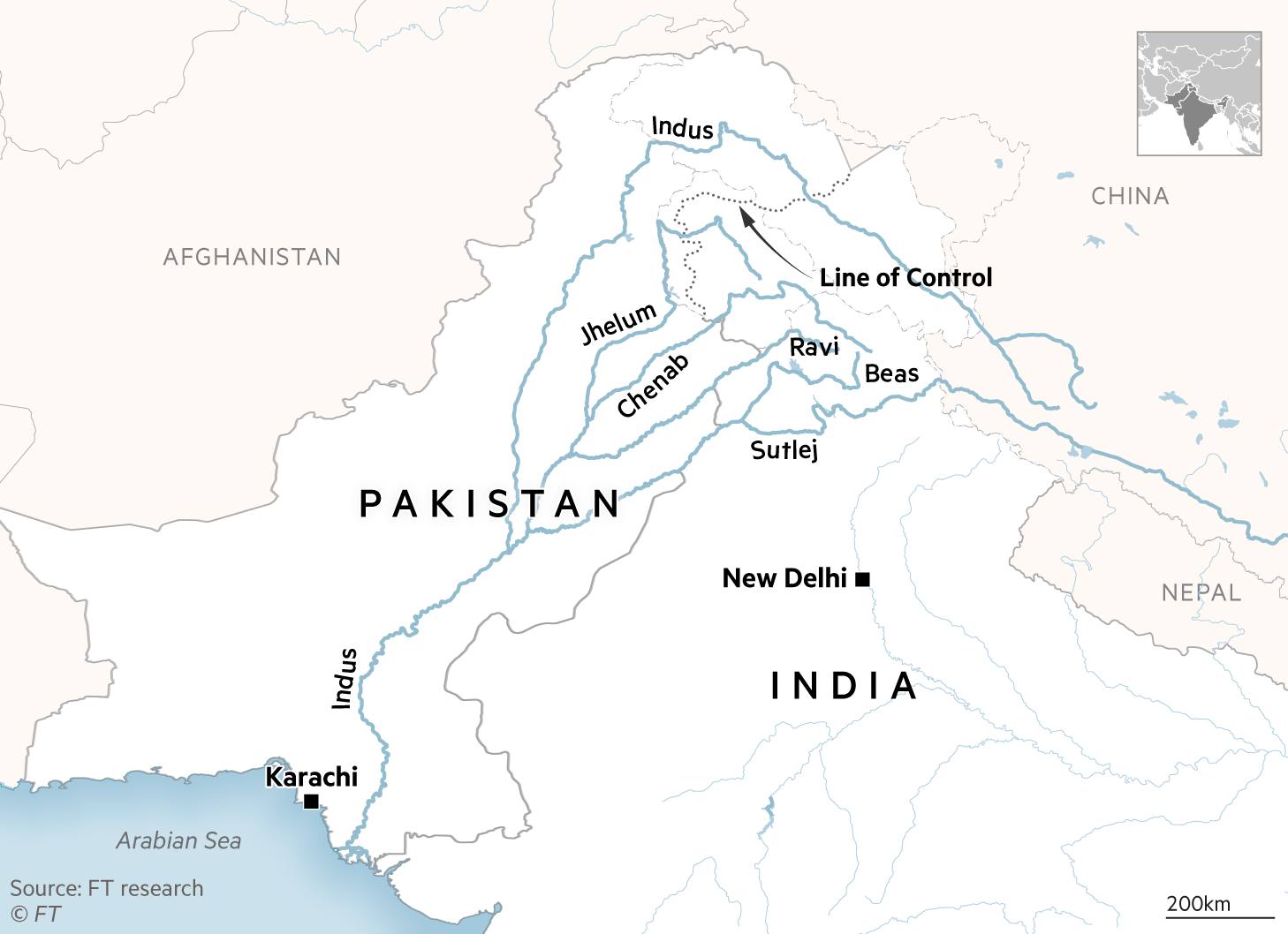 Map showing India and Pakistan’s shared rivers