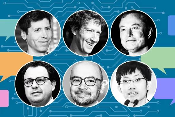 Montage of AI CEOs and speech bubbles