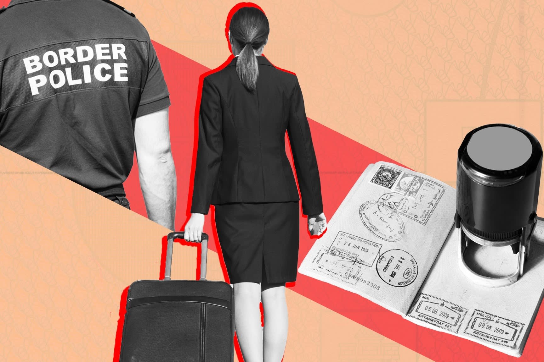 Montage of a businesswoman with a suitcase, border police and a passport with stamps