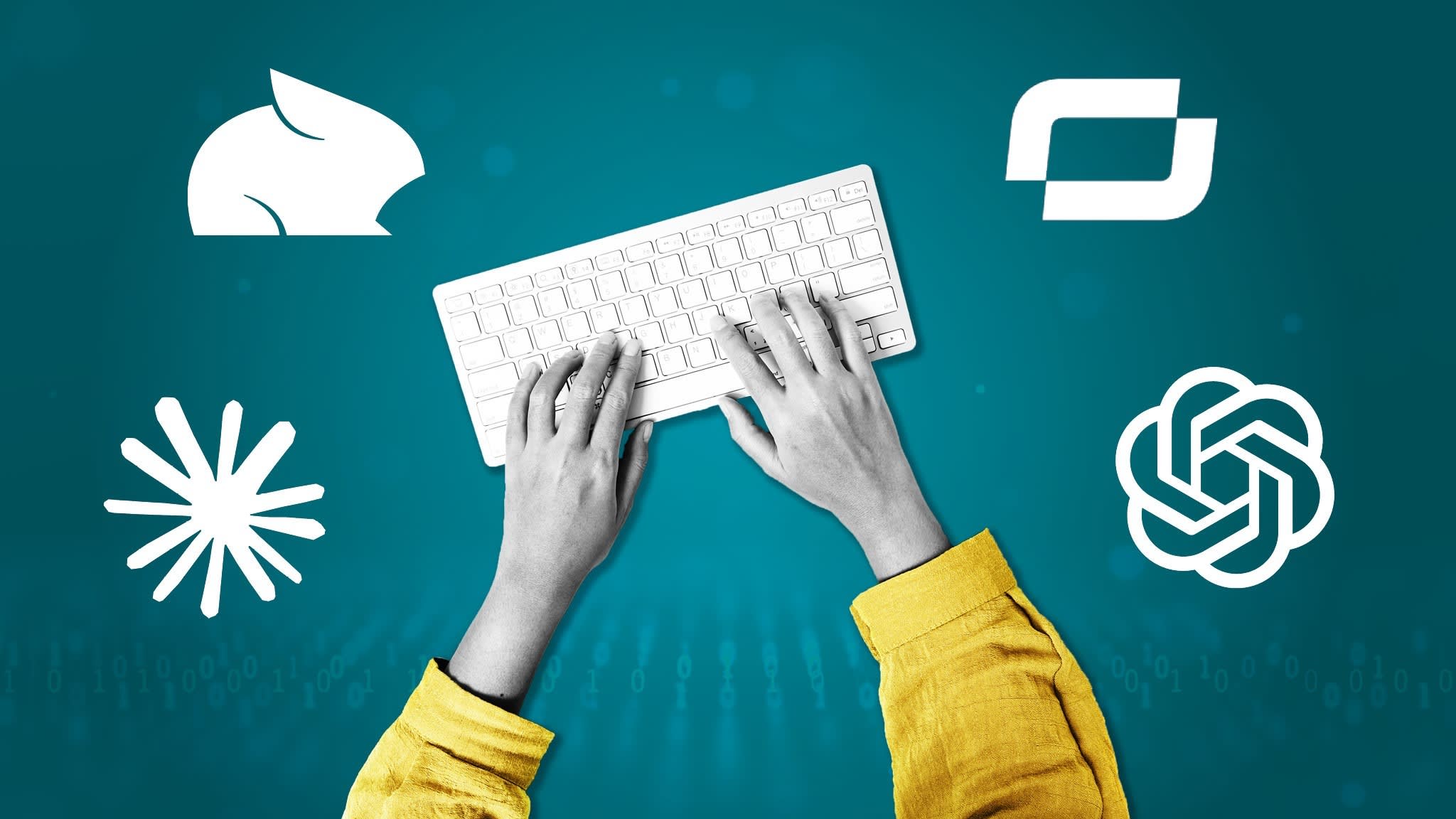 A graphic showing a pair of hands on a keyboard surrounded by AI logos