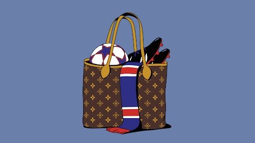 A luxury handbag containing a football, high-heeled shoes, and a striped scarf