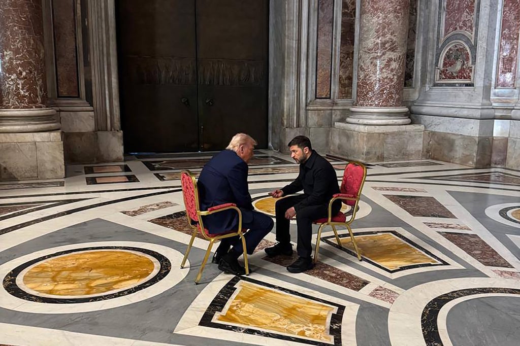 Ukraine’s President Volodymyr Zelensky with US President Donald Trump on the sidelines of Pope Francis’ funeral at St Peter’s Basilica at the Vatican on April 26. Photo: AFP/Official Telegram channel of the Head of the Office of the President of Ukraine Andriy Yermak