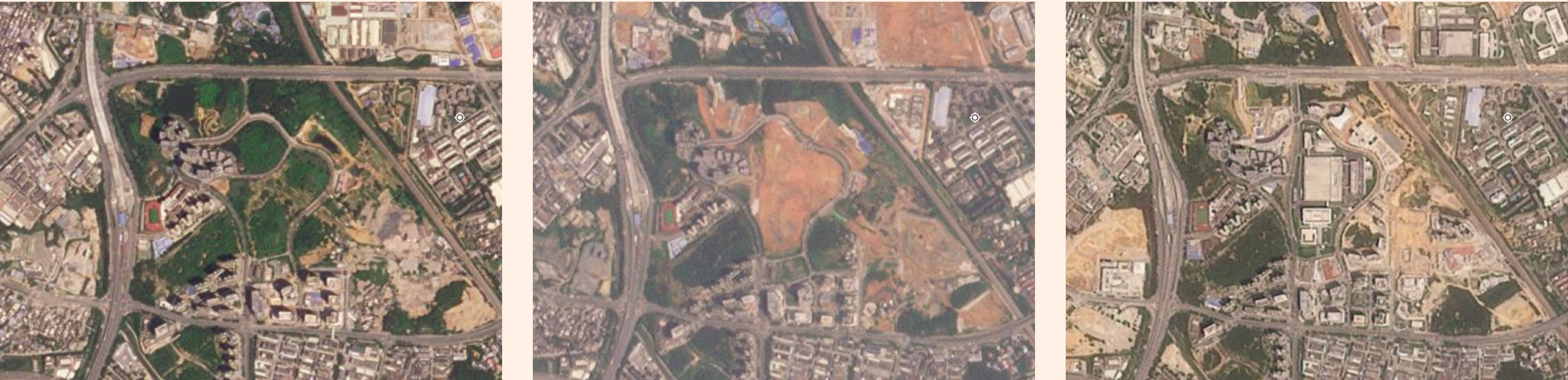 The images show a green field site, building works and then a completed factory site