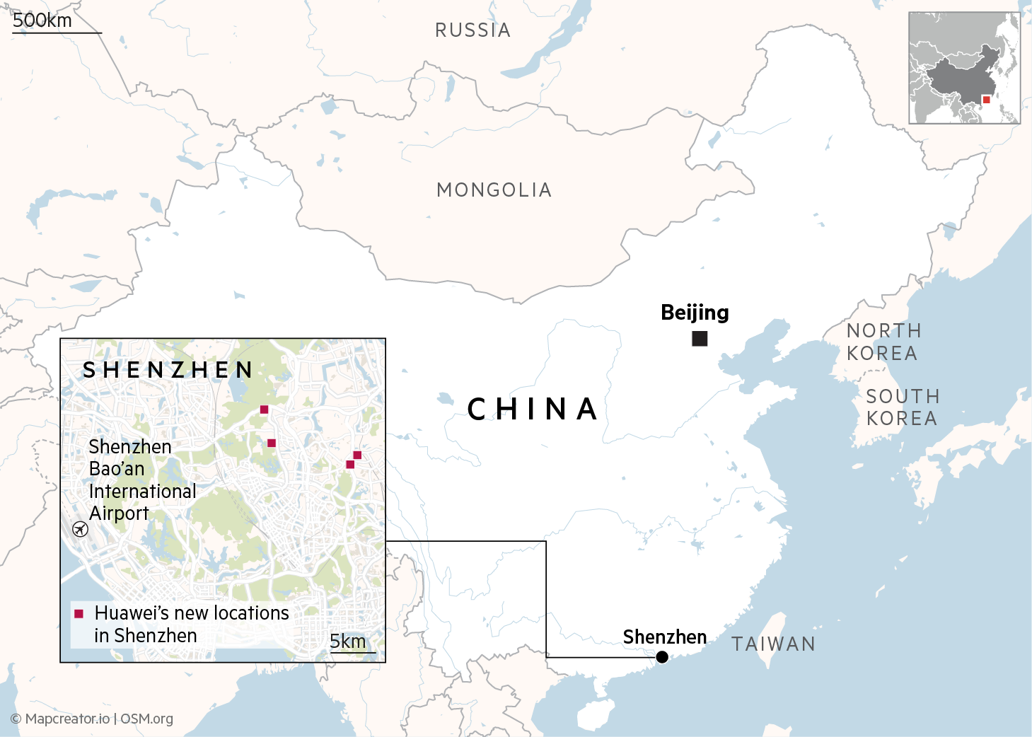 Map showing locations of new Huawei facilities in Shenzhen, China