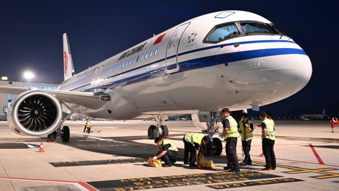 Air China's C919 aircraft is parked on the tarmac at an airport in Hangzhou, China