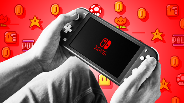 Montage image of someone playing on a Nintendo Switch with icons from its games in the background