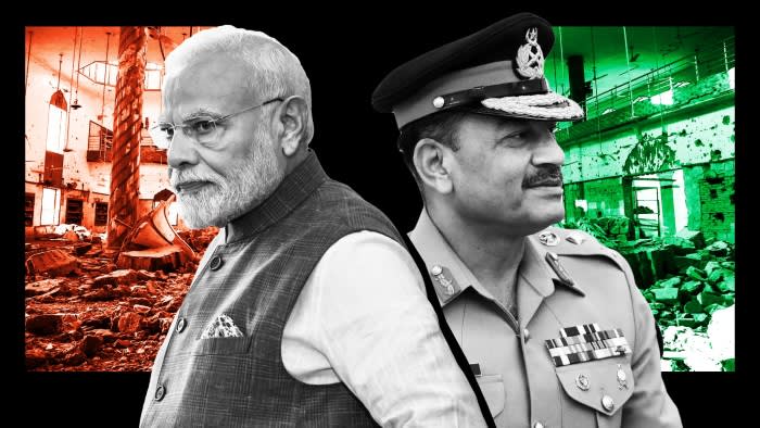 India’s Narendra Modi and Pakistan’s general Asim Munir are superimposed over a scene of devastation caused by air strikes on buildings