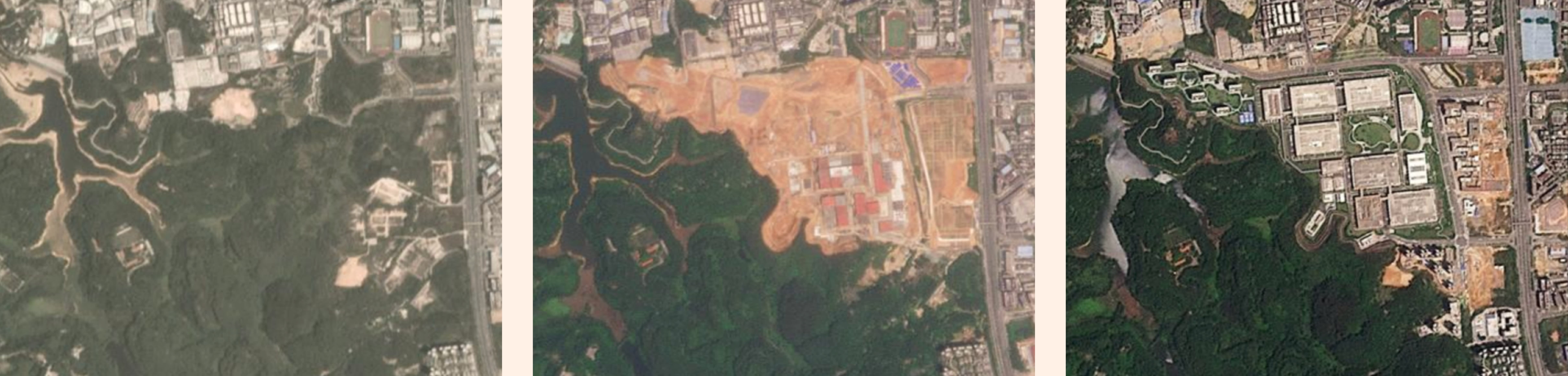 The images show a green field site, building works and then a completed factory site
