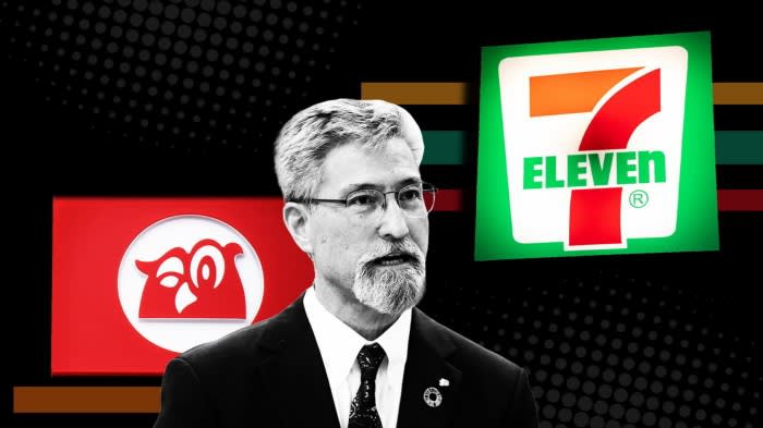 Montage of Stephen Dacus with the logos of Seven Eleven and Couche Tard