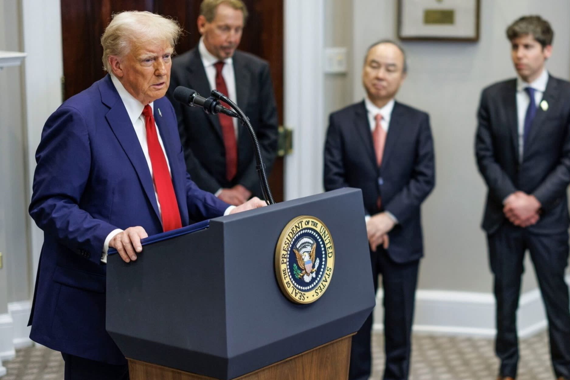 From left, Donald Trump, Oracle’s Larry Ellison, Masayoshi Son and OpenAI CEO Sam Altman