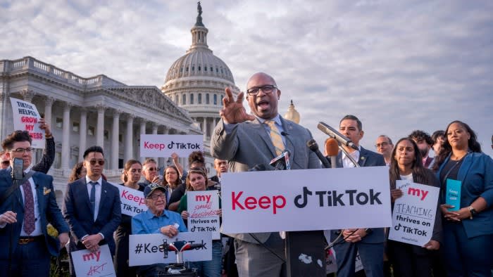Jamaal Bowman, then a Democratic representative from New York, leads a pro-TikTok rally at the Capitol in 2023