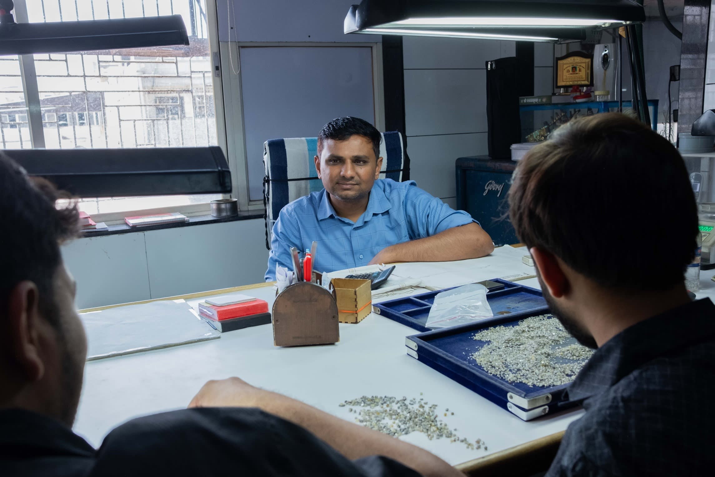 Kalpesh Manguya, 40, owner of Kushal Gems at his diamond processing and polishing workshop in Surat, Gujarat