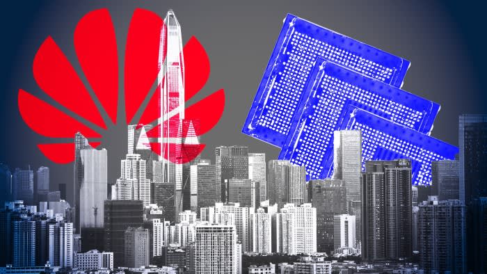 Montage of the Shenzhen skyline with the Huawei logo and chips