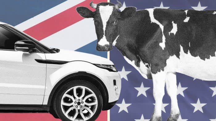 Montage shows Range Rover car and a cow against a backdrop of UK and US flags