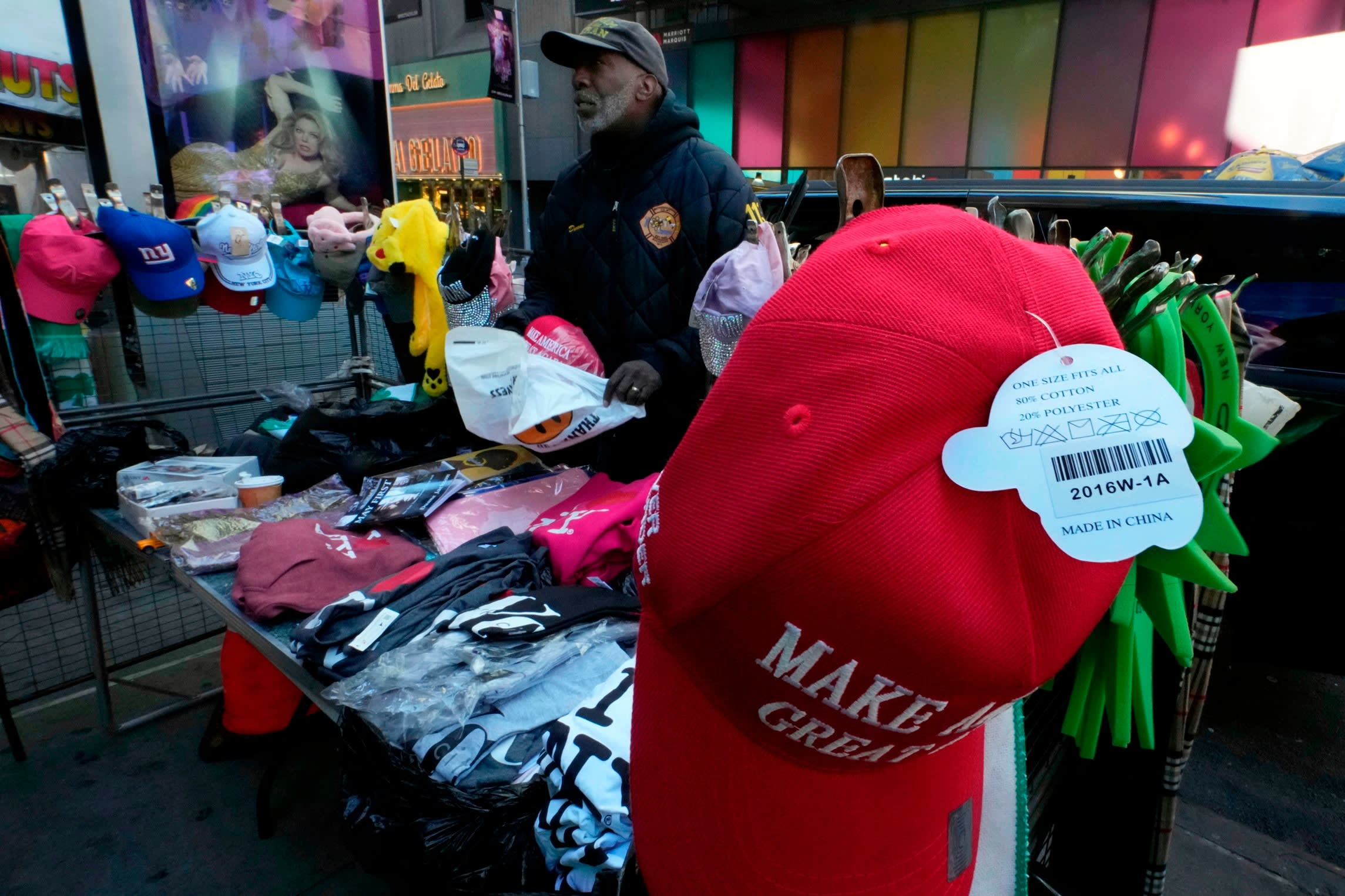Chinese-made Make America Great Again caps on sale in Times Square in New York