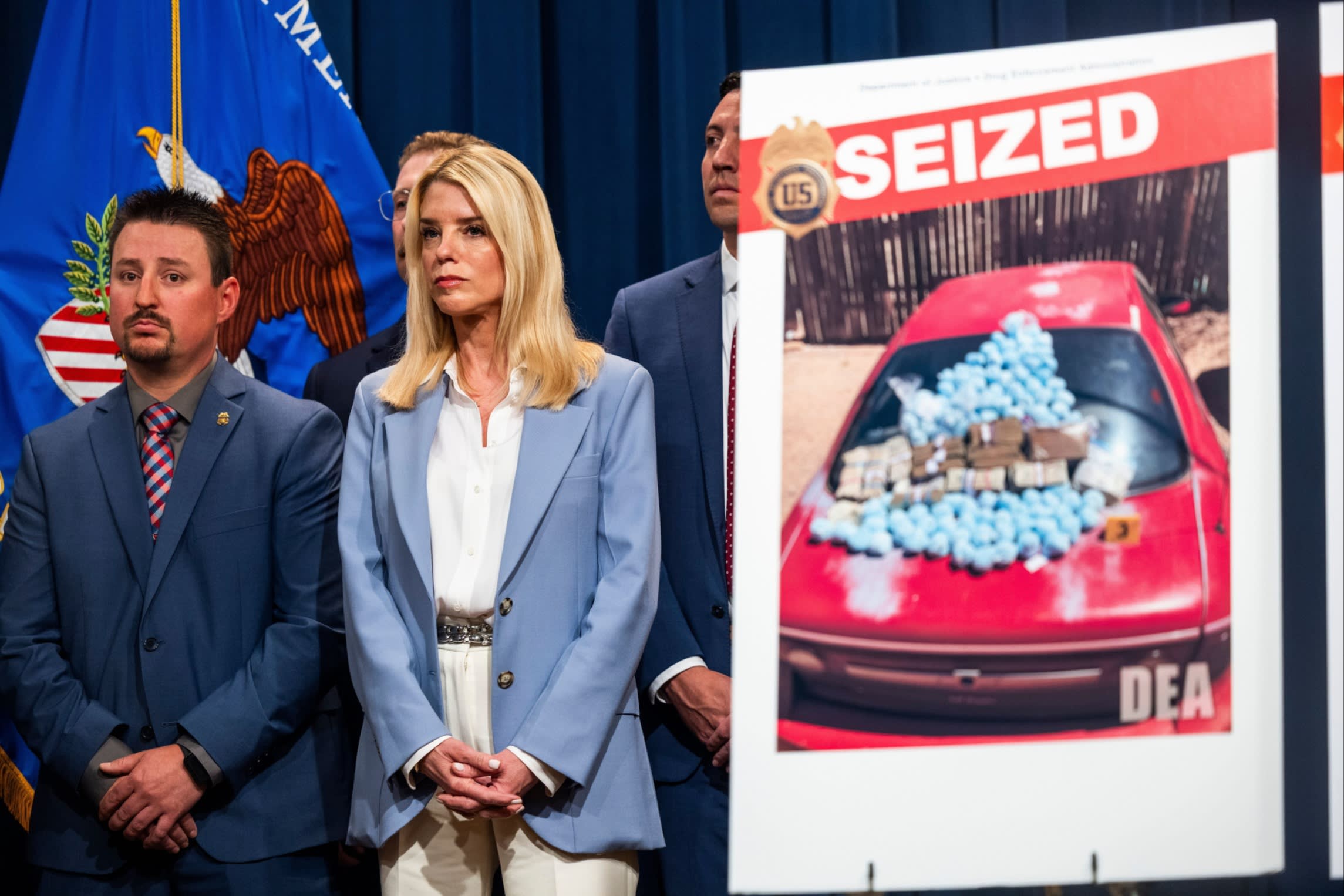 US attorney-general Pam Bondi, along with officials from the Drug Enforcement Administration and the US Attorney’s Office for the District of New Mexico, announces arrests and drug seizures from a fentanyl sting operation in New Mexico, during a press conference at the Department of Justice in Washington on May 6 2025