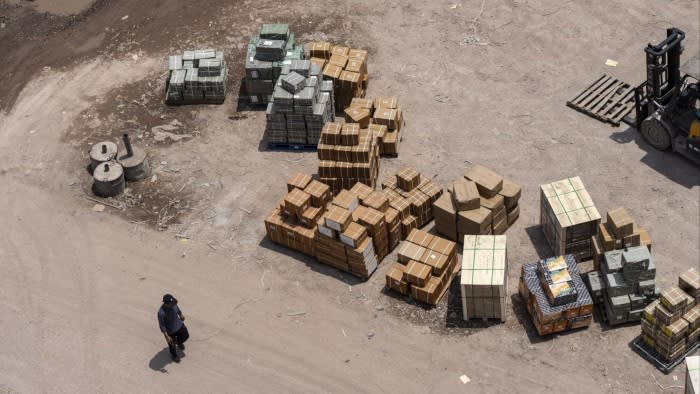 Boxes of goods in a loading area at an industrial park in Yiwu, Zhejiang Province, China