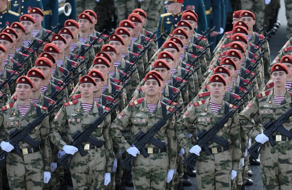Russian service members rehearse for a military parade on Wednesday in central Moscow. Photo: Reuters Russian service members rehearse for a military parade on Wednesday in central Moscow. Photo: Reuters
