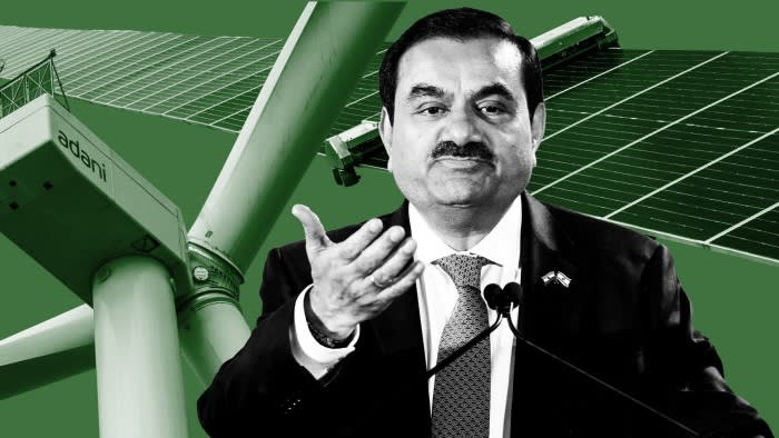 A montage of Gautam Adani against solar panels and a wind turbine