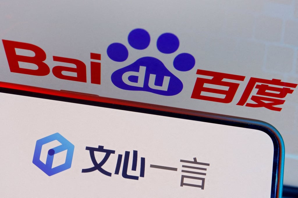The logo of Baidu’s Ernie Bot is displayed near a screen showing the Baidu logo, in this illustration picture taken June 28, 2023. Photo: Reuters