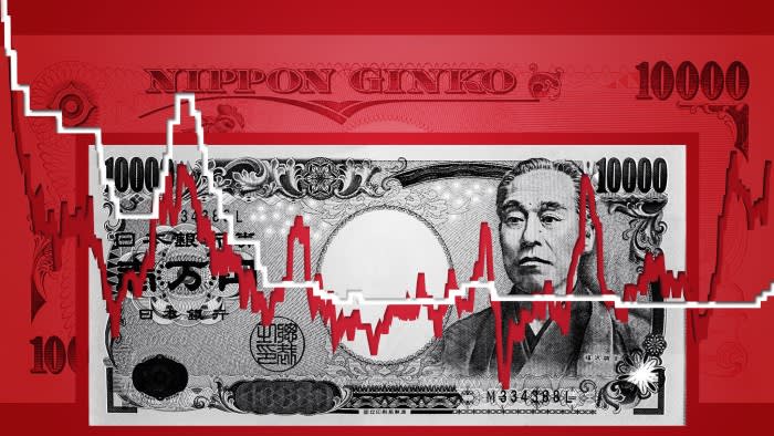 Japanese 10,000 yen banknote overlaid with a fluctuating stock market graph on a red background