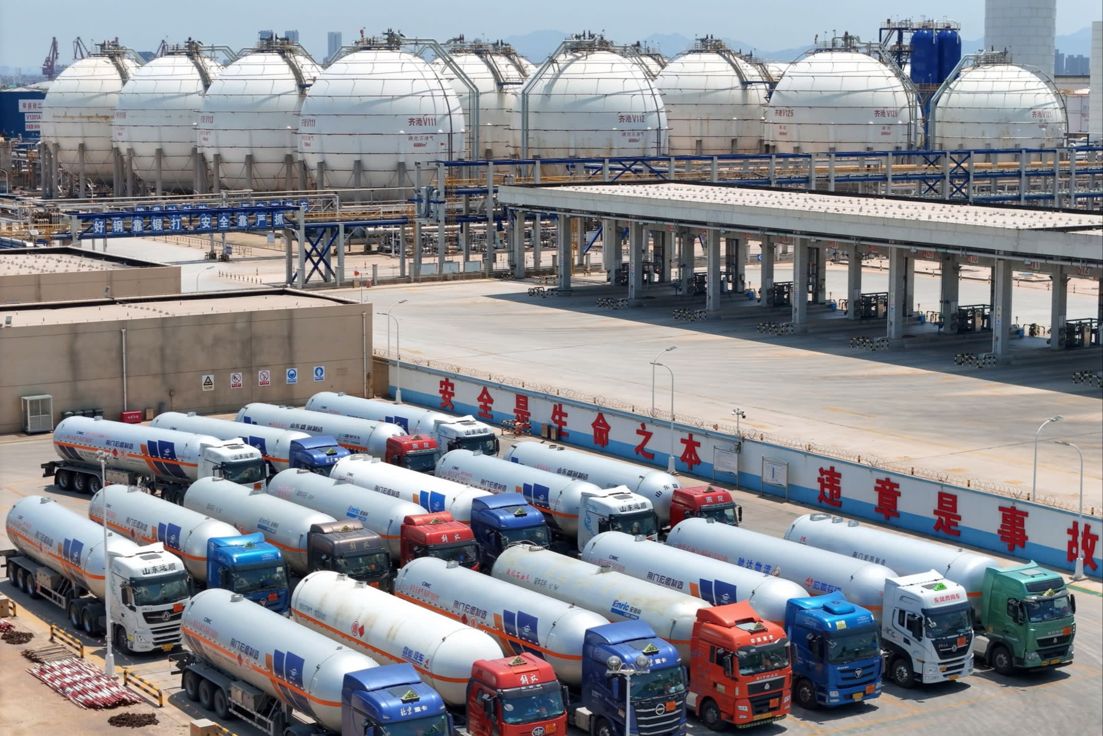 Aerial view of the storage facilities for petrochemical resources and products in Longkou in east China’s Shandong province