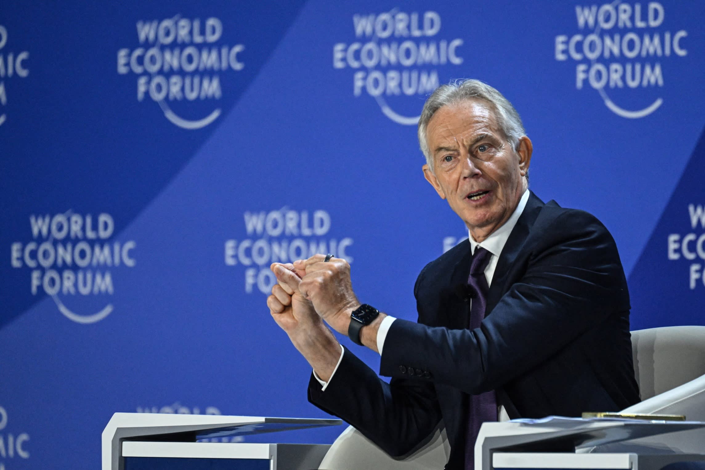 Britain’s former prime minister Sir Tony Blair speaks at the World Economic Forum summit in Tianjin on Tuesday