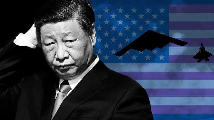 A montage featuring China’s President Xi Jinping against a US flag and military aircraft
