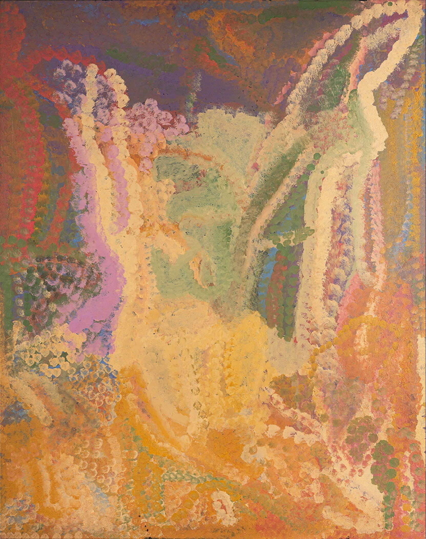Abstract painting in shades of yellow, ochre and rust red