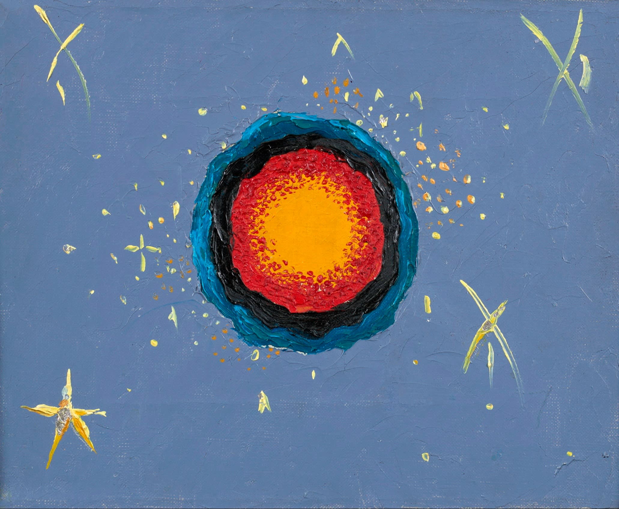 Abstract picture of a circle with yellow at its centre, surrounded by layers of red, black and royal blue, on a Wedgwood blue backing, with what look like many small yellow stars swirling around the larger circle. It resembles a planet in a night sky