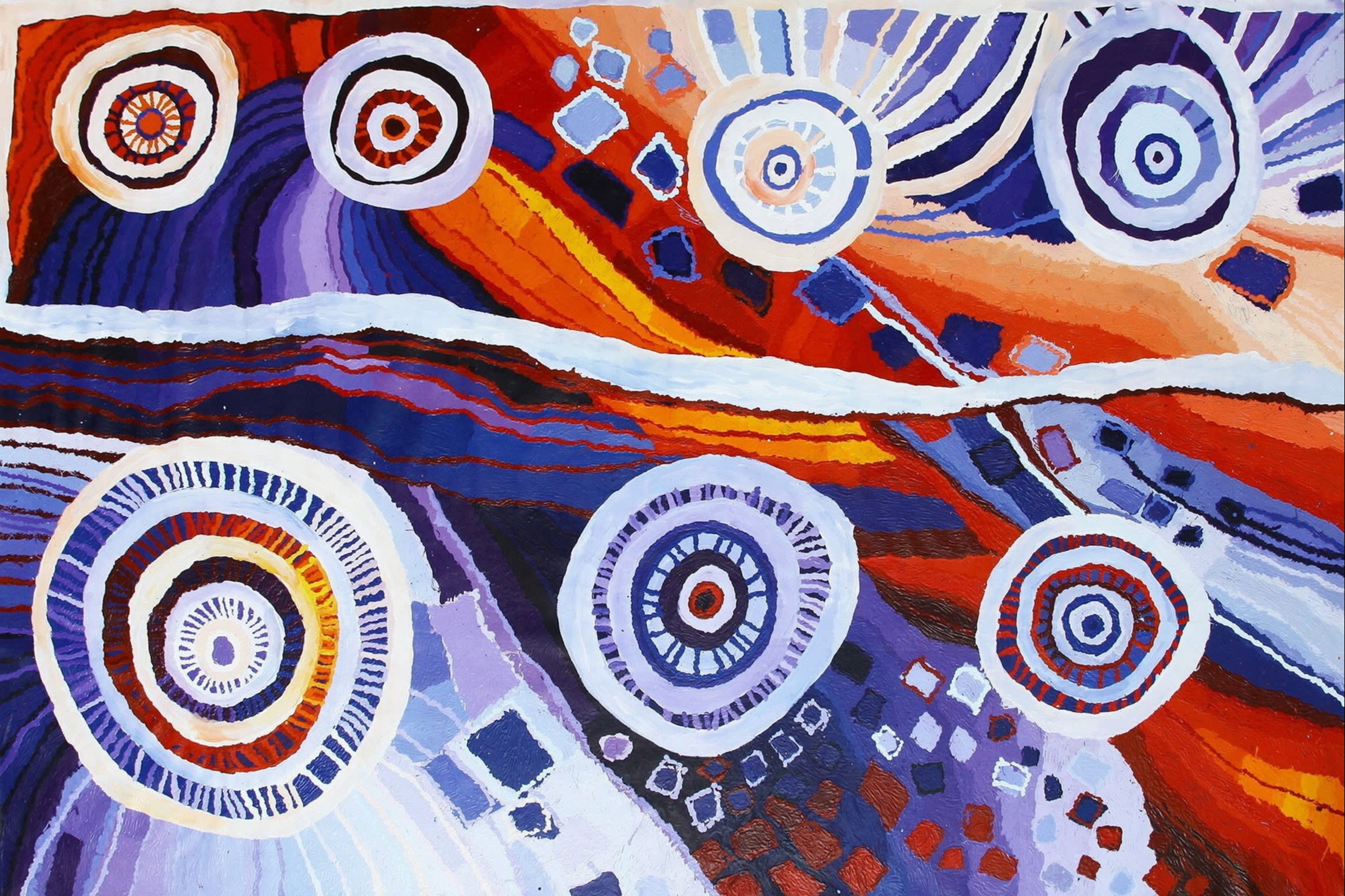 Abstract work of spiralling reds, yellows, blues