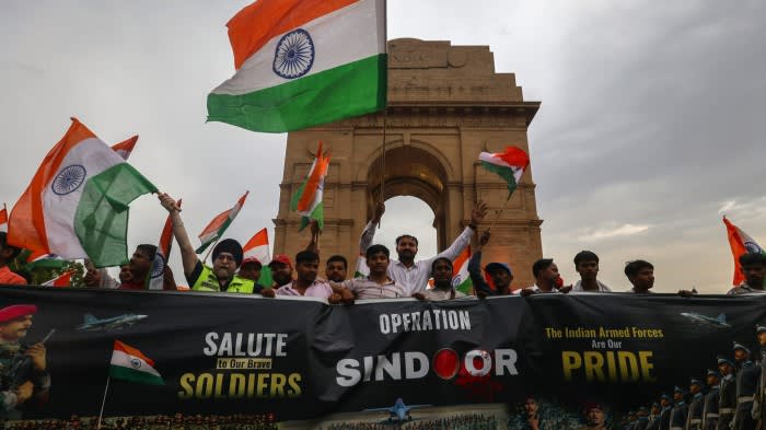 Indians march in support of a military offensive against Pakistan this month in New Delhi