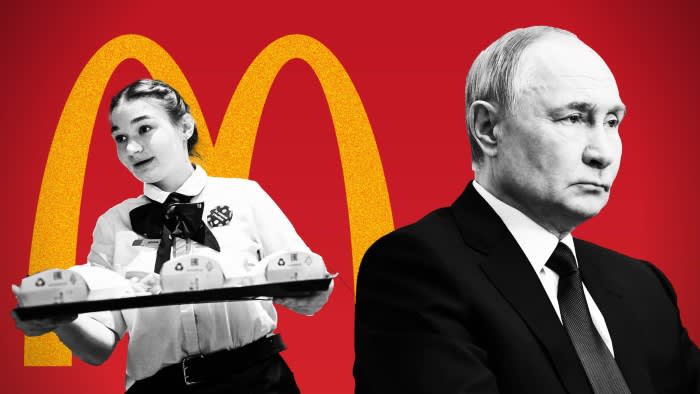 A montage showing Putin and a food worker with a McDonald’s logo in the background