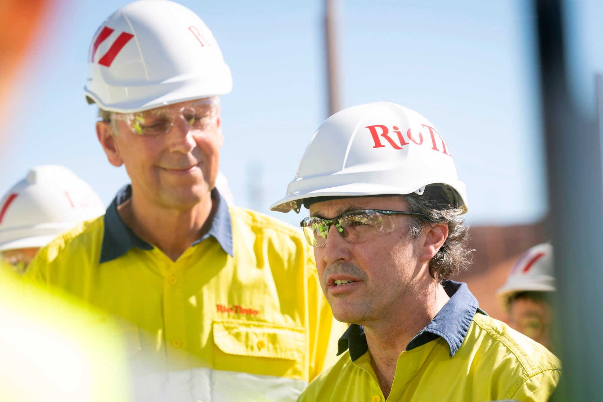 Rio Tinto chief executive Jakob Stausholm and head of its ore division Simon Trott speak to the media